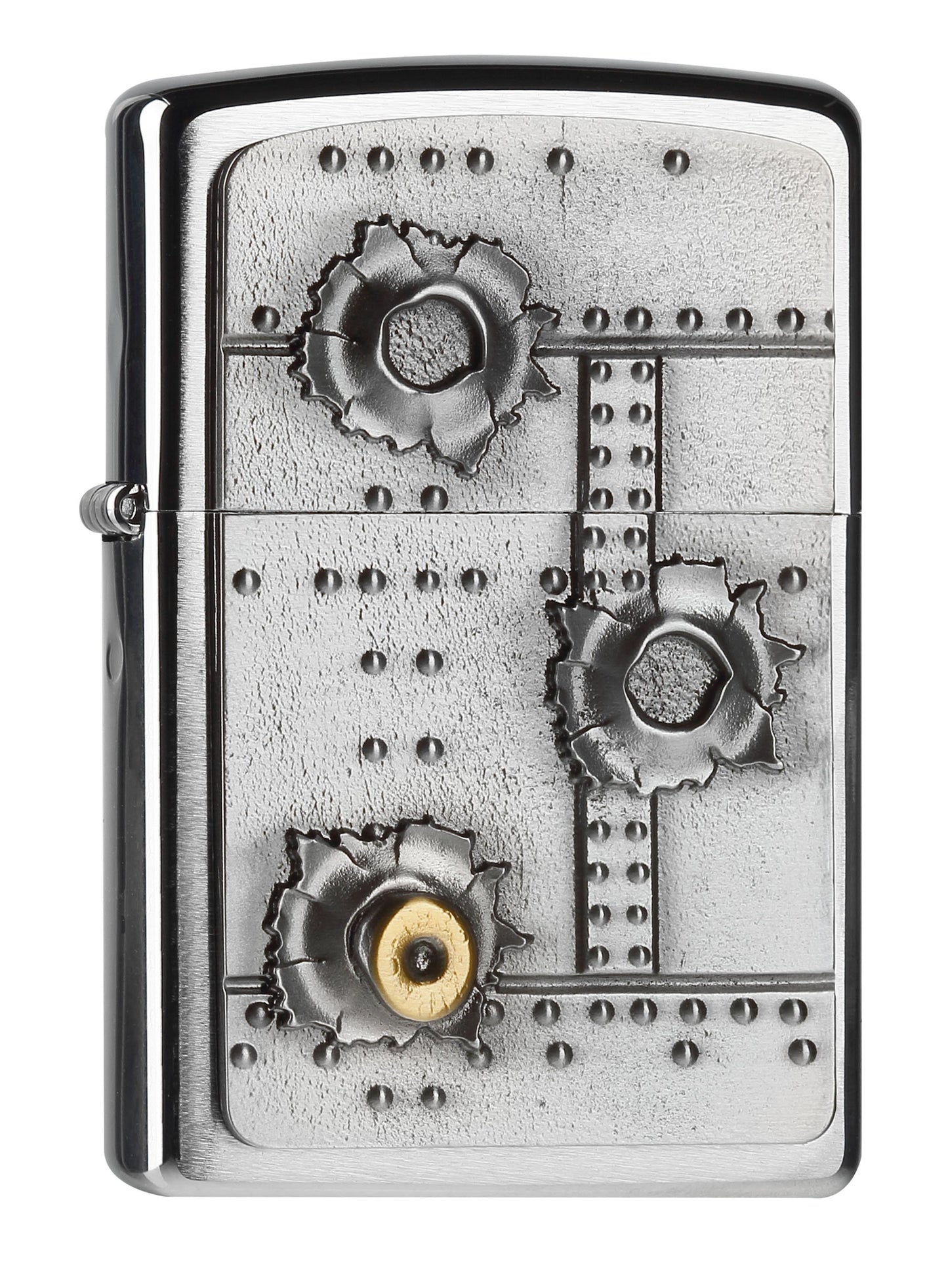 Zippo Feuerzeug Frontansicht ¾ Winkel gebürstetes Chrom mit Einschusslöcher Emblem
