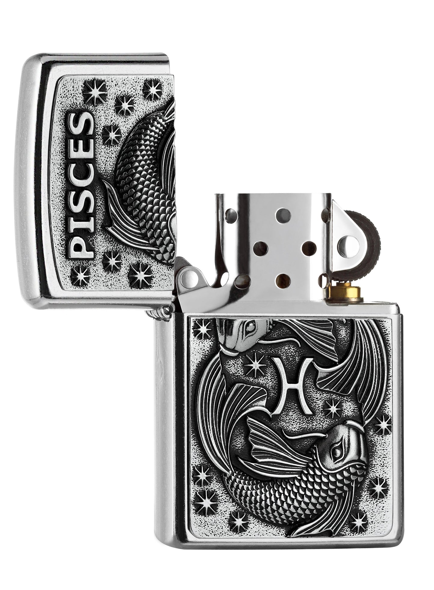 Frontansicht Zippo Feuerzeug Street Chrome Emblem mit Fische Kennzeichen und Pisces Schriftzug geöffnet