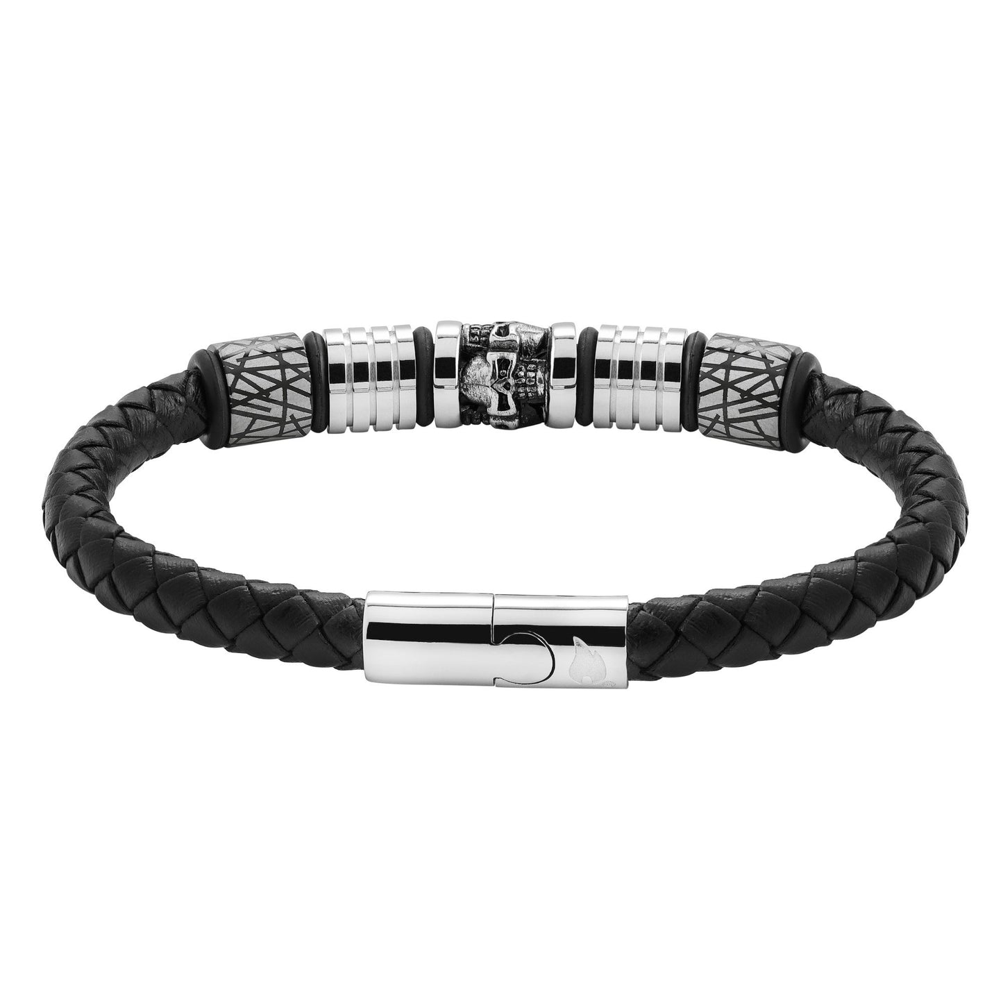 Rückansicht Zippo Lederarmband in schwarz mit Fünf Charms aus Edelstahl