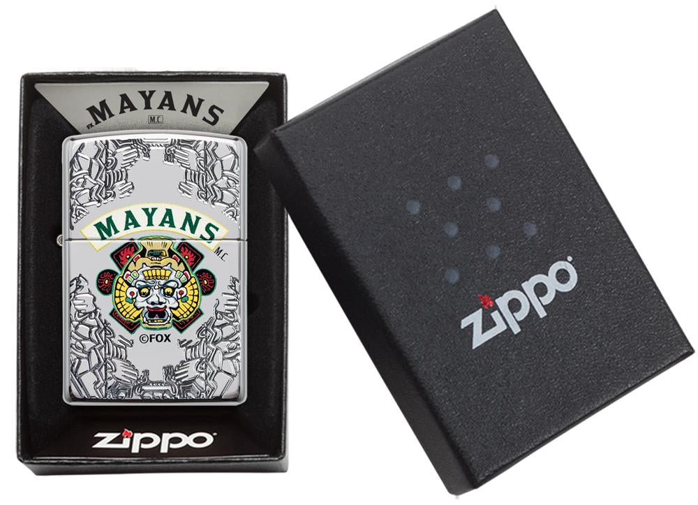 Zippo Feuerzeug chrom mit tiefen Gravuren Mayans M.C. in offener Box