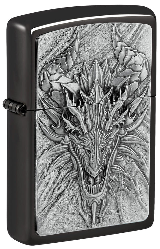 Zippo lighter with dragon design on a black background P1