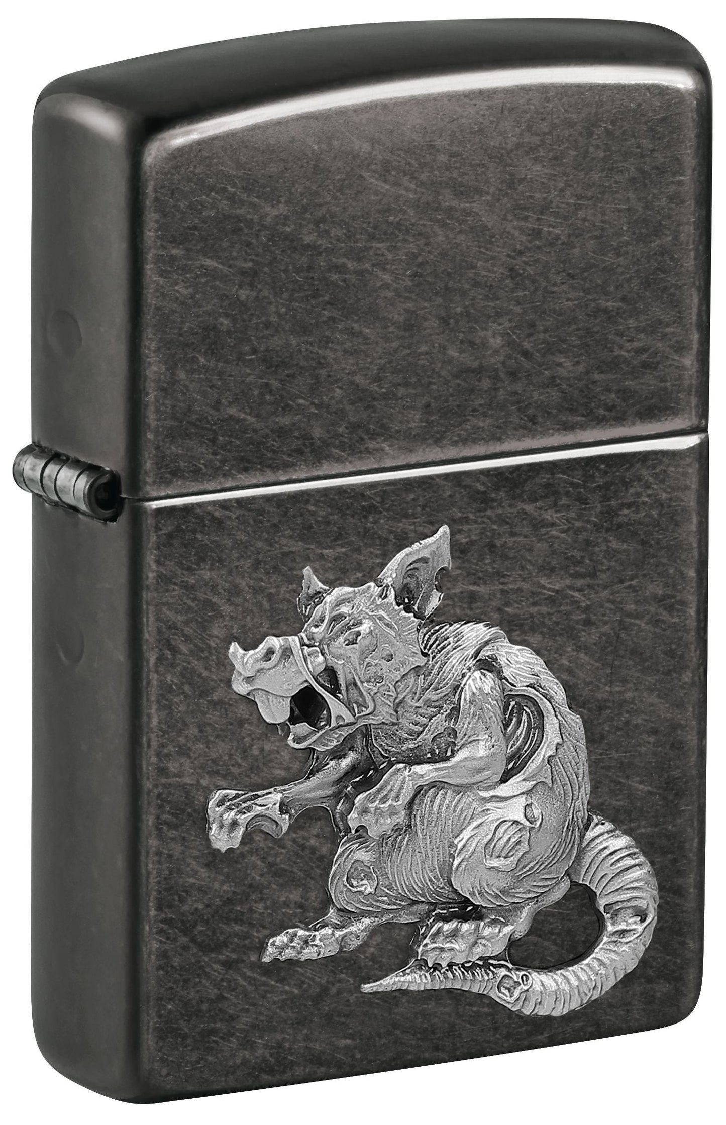 Grey Zippo windproof lighter featuring a zombie rat design P1
