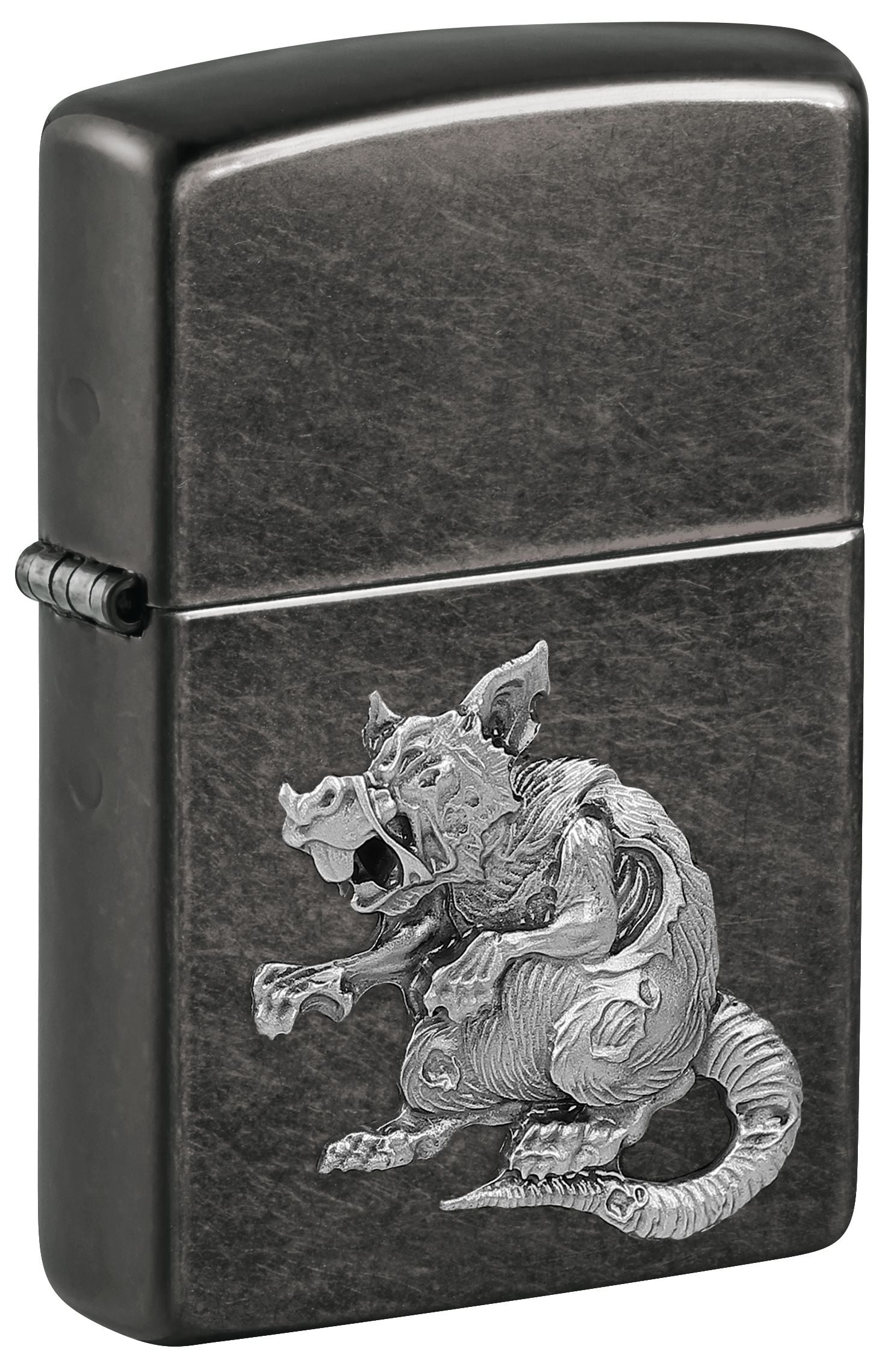 Grey Zippo windproof lighter featuring a zombie rat design P1