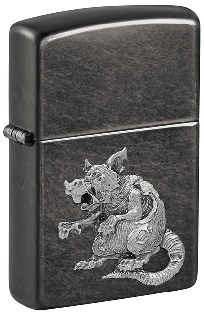 Grey Zippo windproof lighter featuring a zombie rat design P1