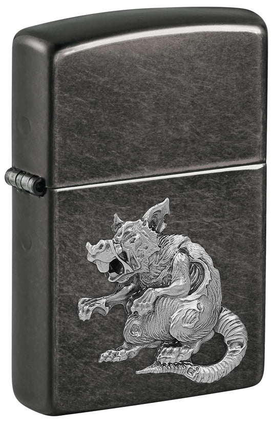 Grey Zippo windproof lighter featuring a zombie rat design P1