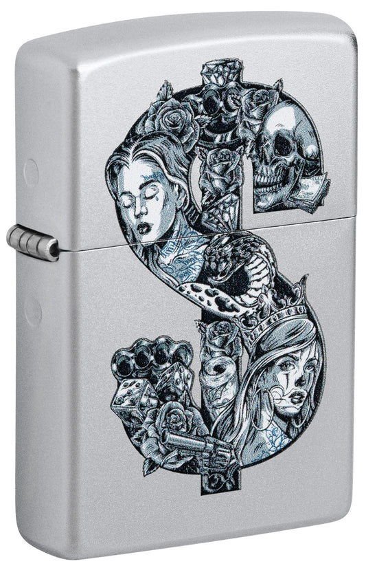 Zippo lighter with artistic design of faces, roses, and skulls P1