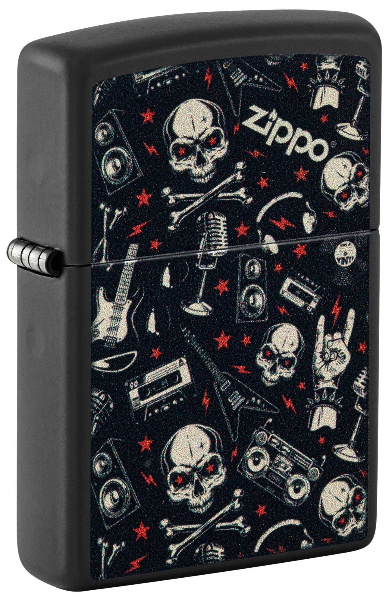 Black Zippo lighter with music-themed design featuring skulls, guitars, and microphones P1