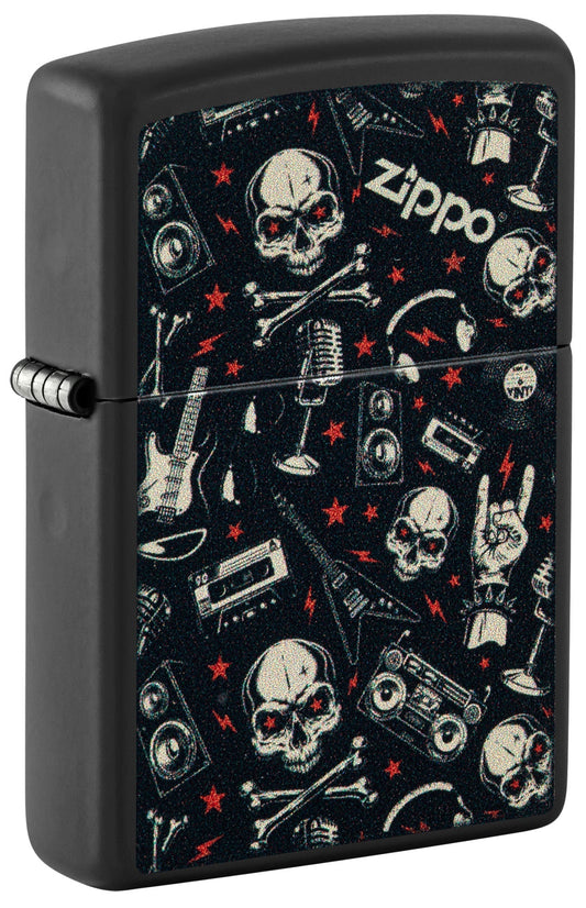 Black Zippo lighter with music-themed design featuring skulls, guitars, and microphones P1