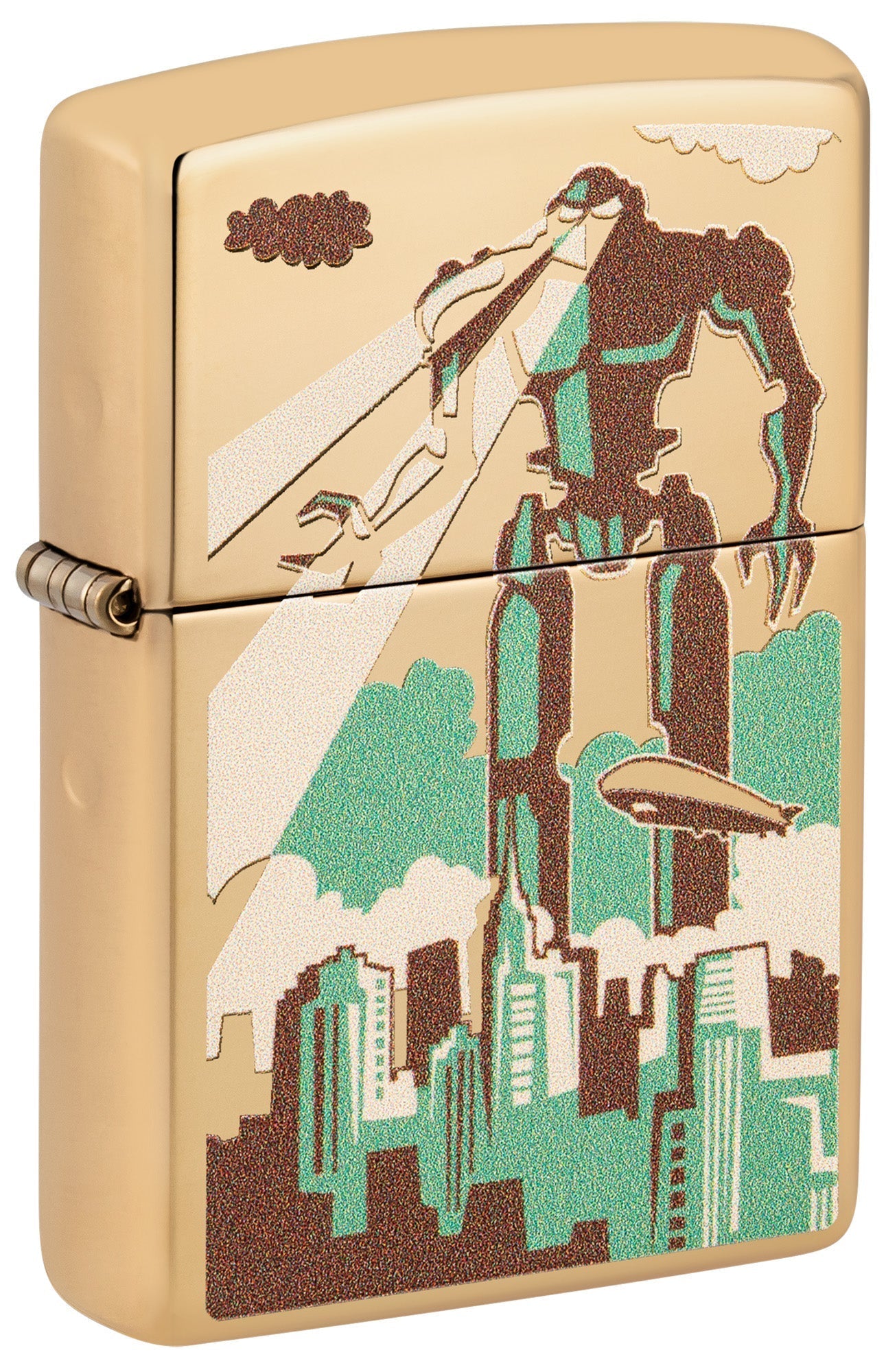 Gold lighter with artistic design of a robot and cityscape P1