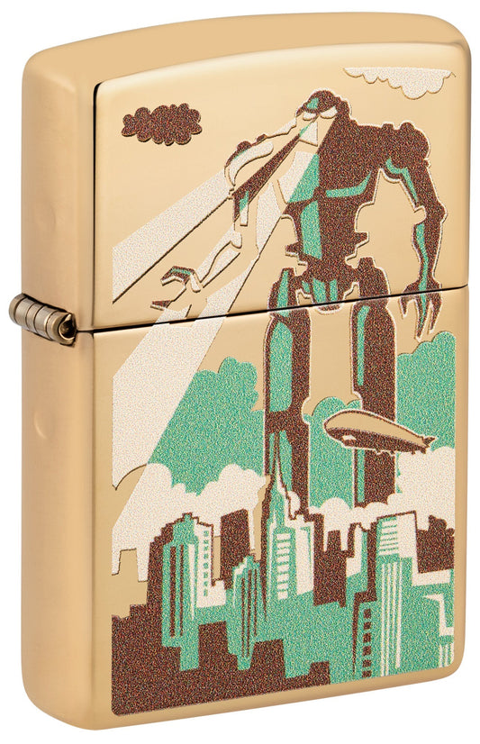Gold lighter with artistic design of a robot and cityscape P1