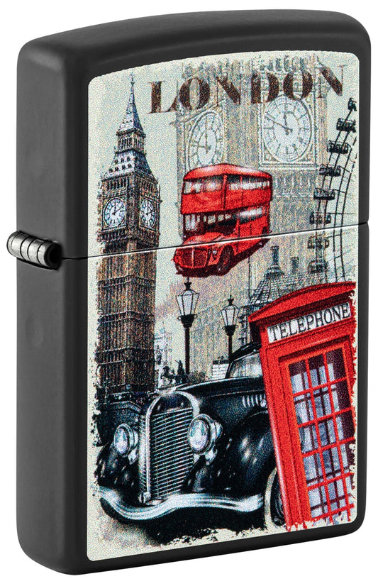 Black Zippo lighter with London-themed design P1