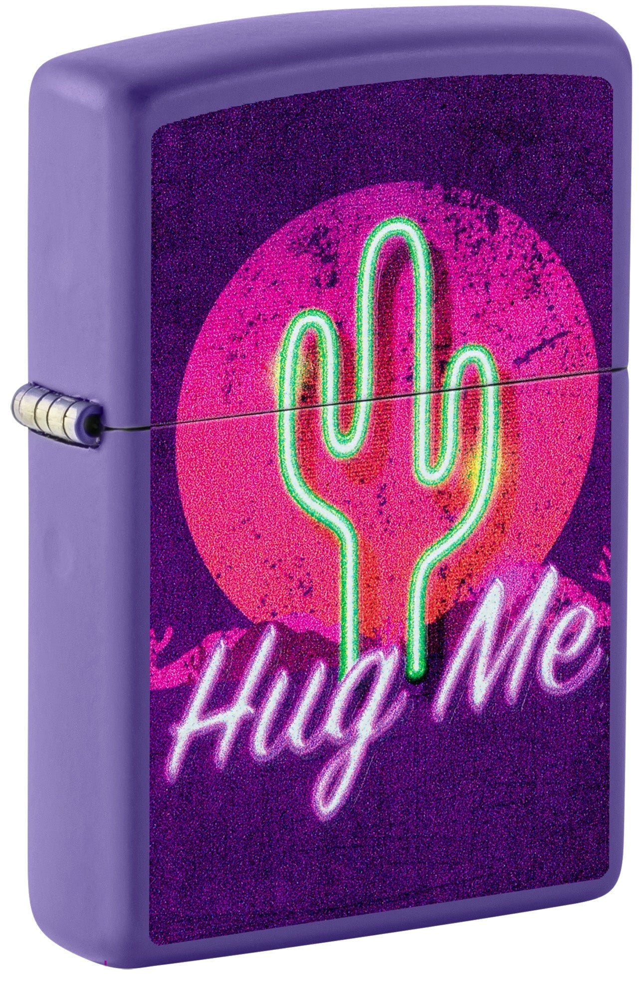 Purple Zippo lighter with neon cactus and 'Hug Me' text on a pink circle background P1