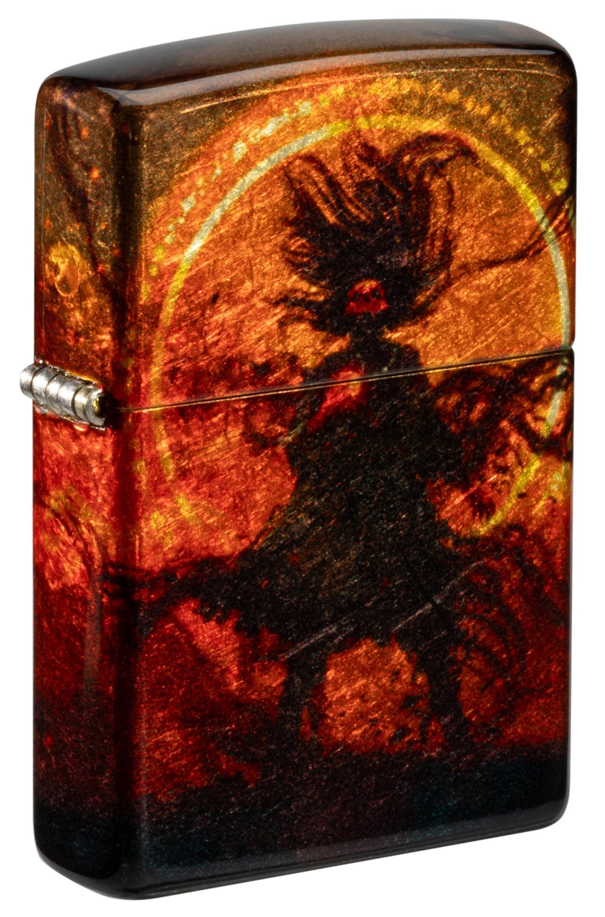 Zippo lighter with a Wizard of Evil Spirits Design on a fiery background P1
