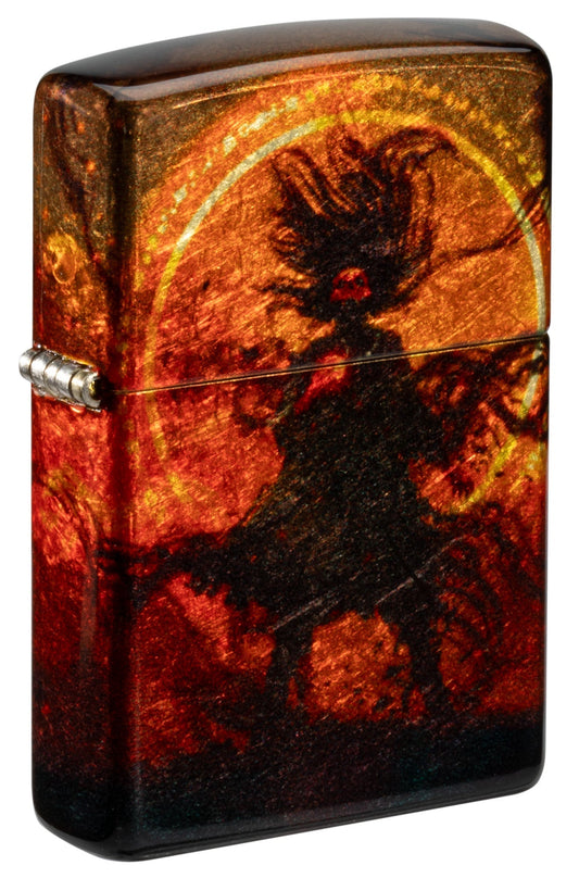 Zippo lighter with a Wizard of Evil Spirits Design on a fiery background P1