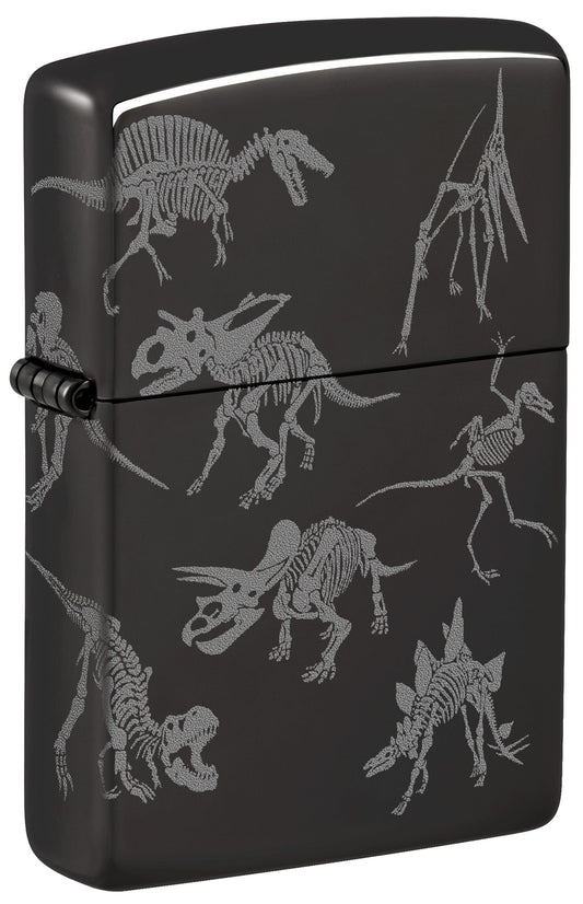 Black Zippo lighter with white dinosaur skeletons P1