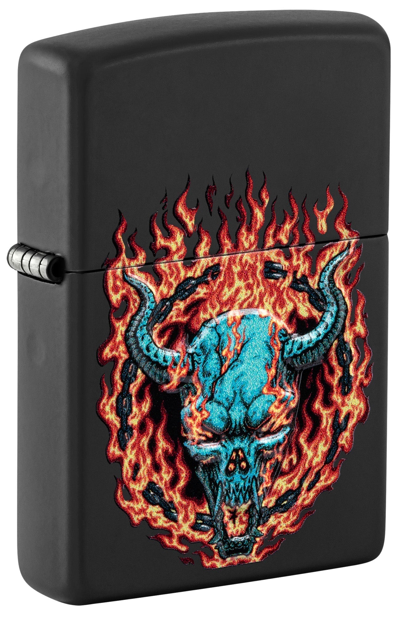 Black Zippo lighter with a skull and flames design P1