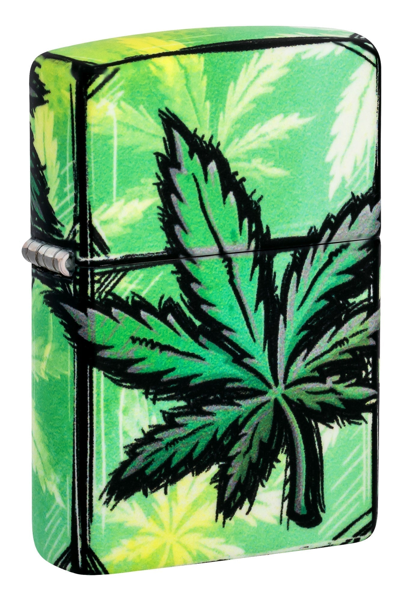 Zippo lighter with cannabis leaf design on a green and yellow patterned background P1