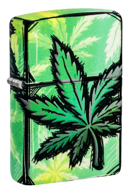 Zippo lighter with cannabis leaf design on a green and yellow patterned background P1