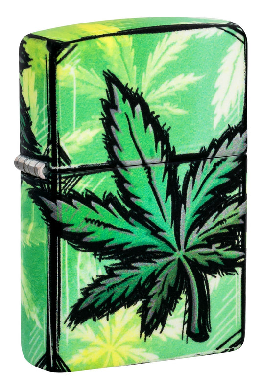 Zippo lighter with cannabis leaf design on a green and yellow patterned background P1