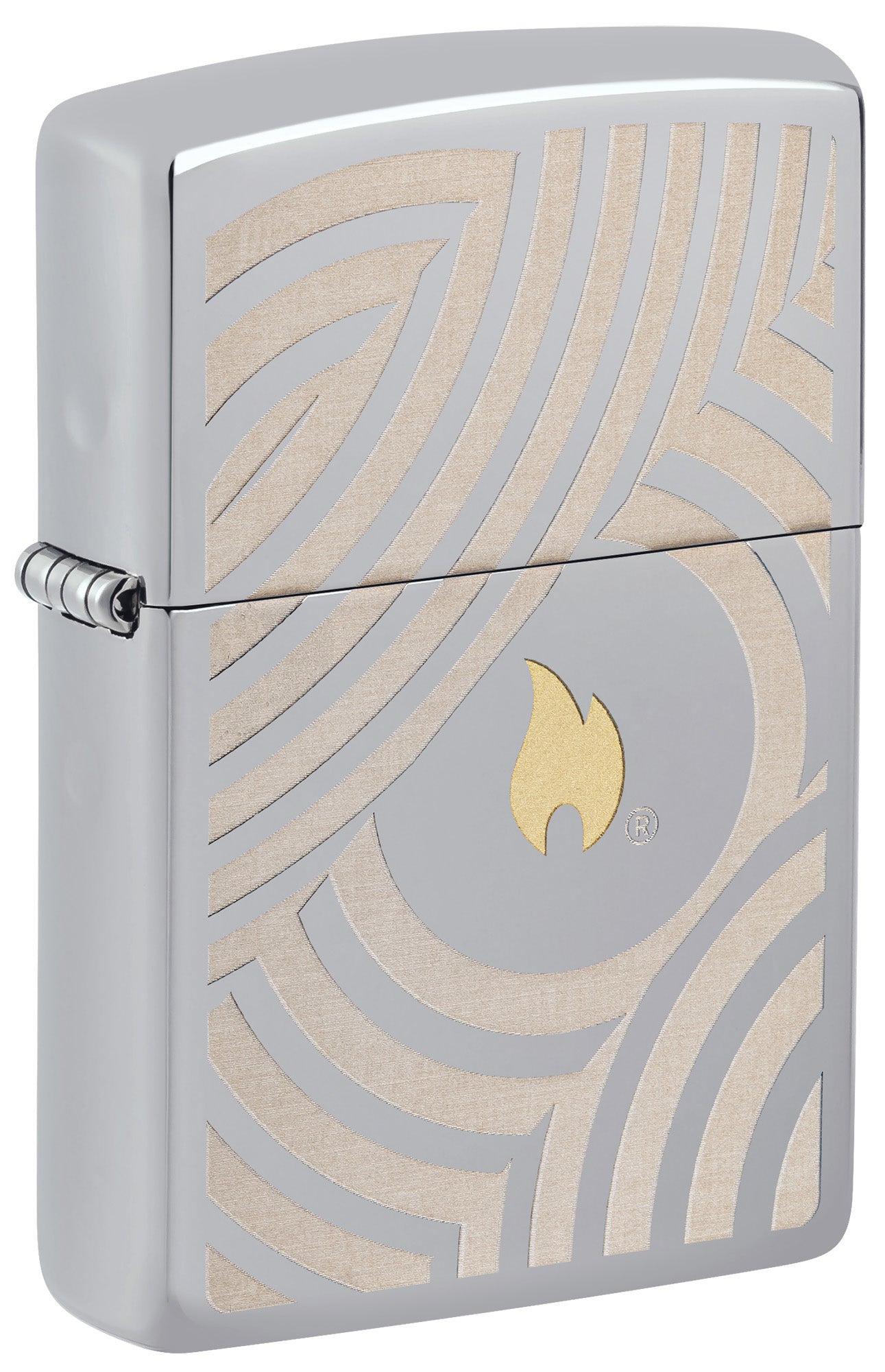 Zippo lighter with gold flame logo on a silver background P1