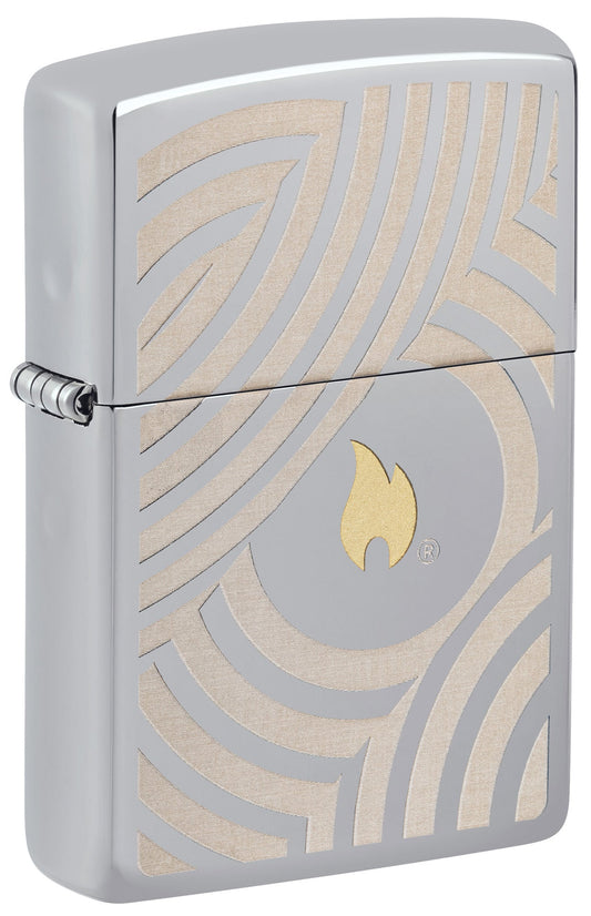 Zippo lighter with gold flame logo on a silver background P1