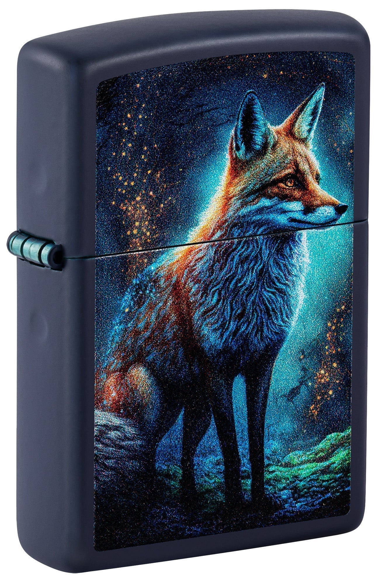 Zippo lighter with a fox design on a dark background P1