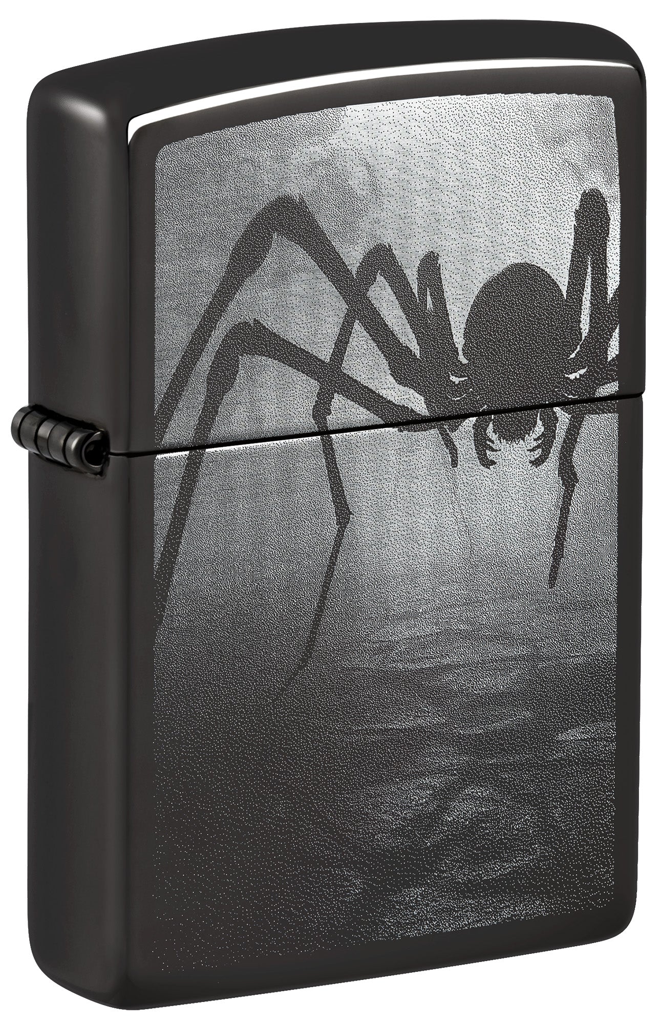 Black Zippo lighter with spider design on a dark background P1