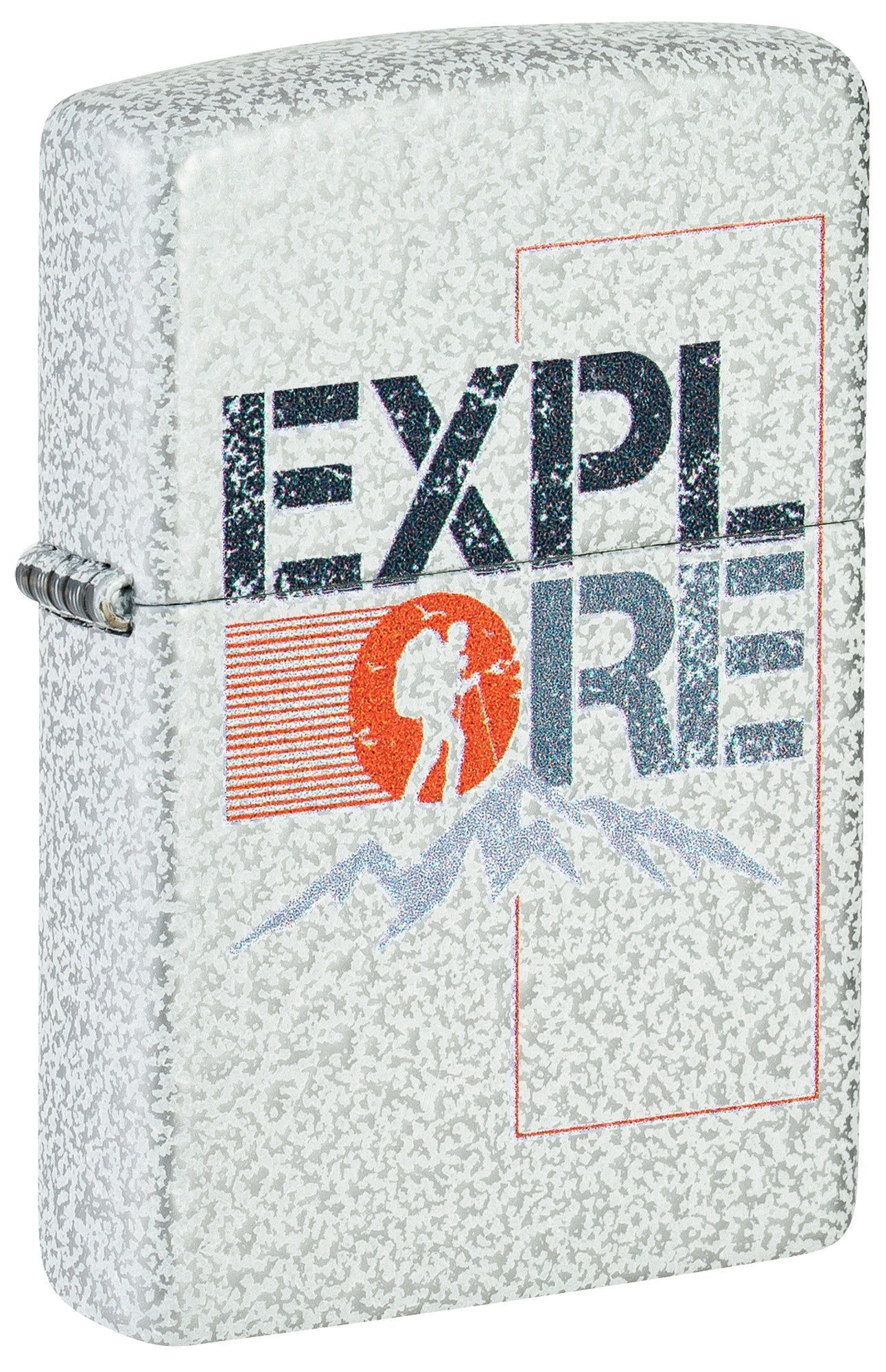 Zippo lighter with 'EXPLORE' text and mountain graphic on textured surface P1