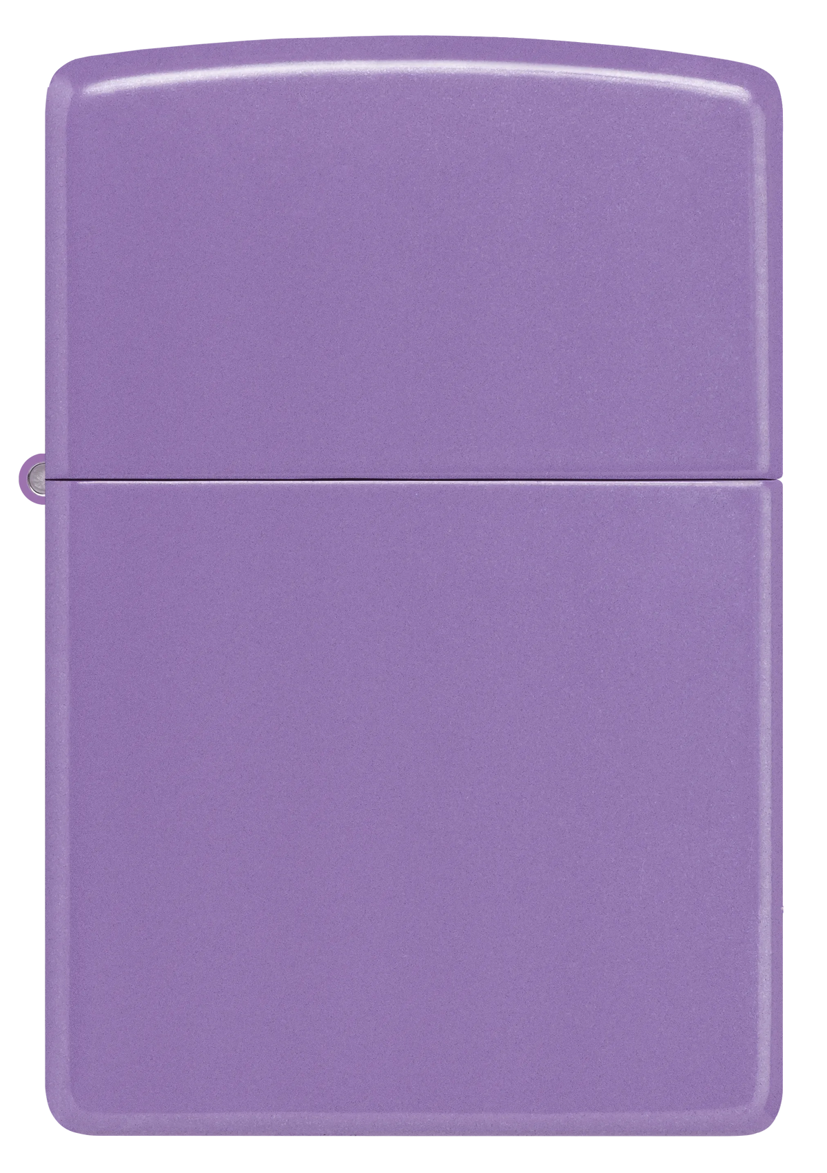 Ein lilafarbenes Feuerzeug von Zippo steht geschlossen und glänzt in einem gleichmäßig beleuchteten, neutralen Hintergrund.