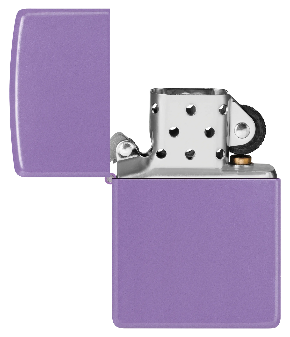Ein lila Zippo-Feuerzeug steht offen, zeigt den metallischen Innenmechanismus, umgeben von einem schlichten, einfarbigen Hintergrund.