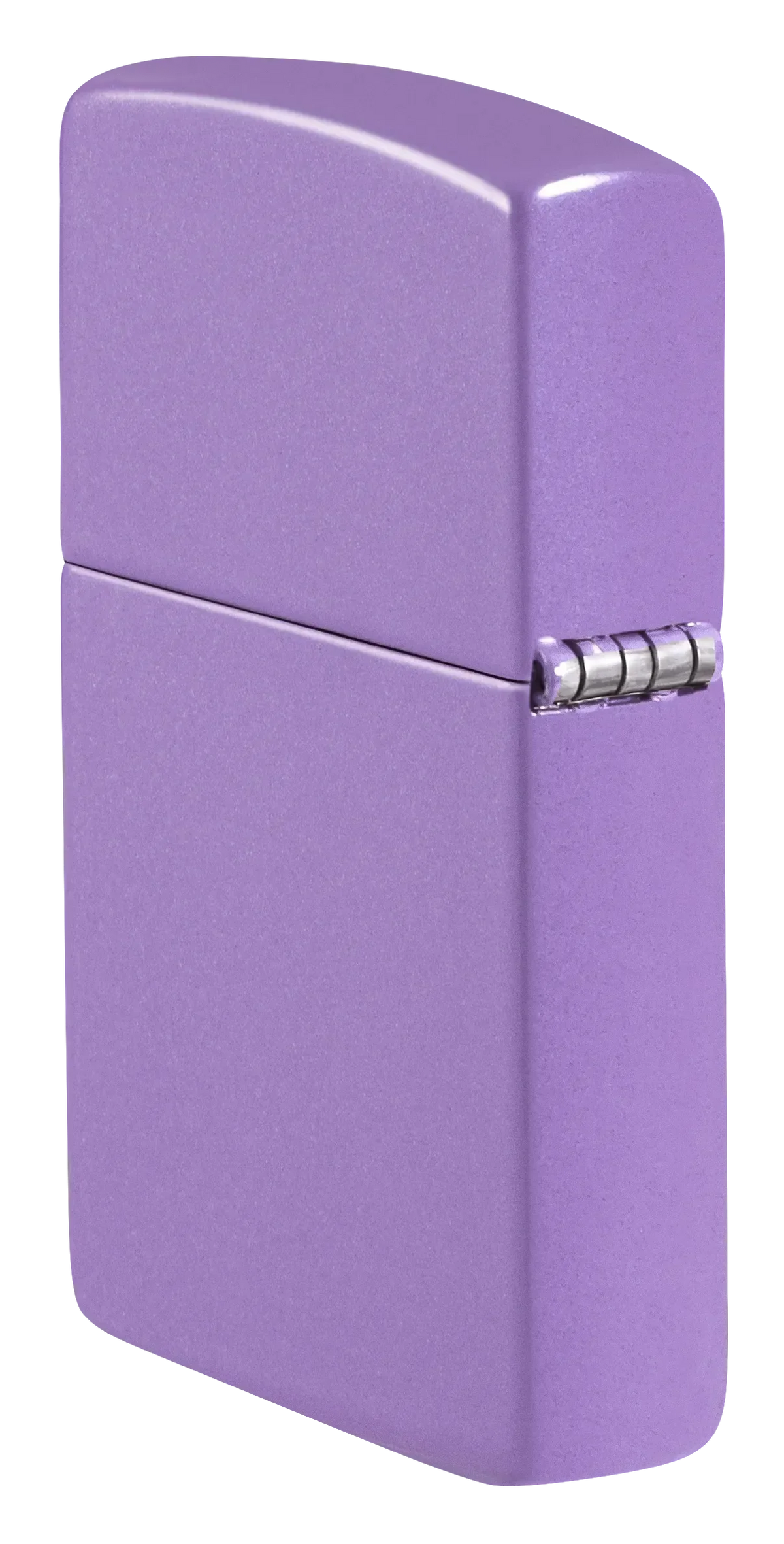 Ein lila Zippo-Feuerzeug steht geschlossen mit sichtbarem Scharnier in einem einfachen, neutralen Hintergrund.