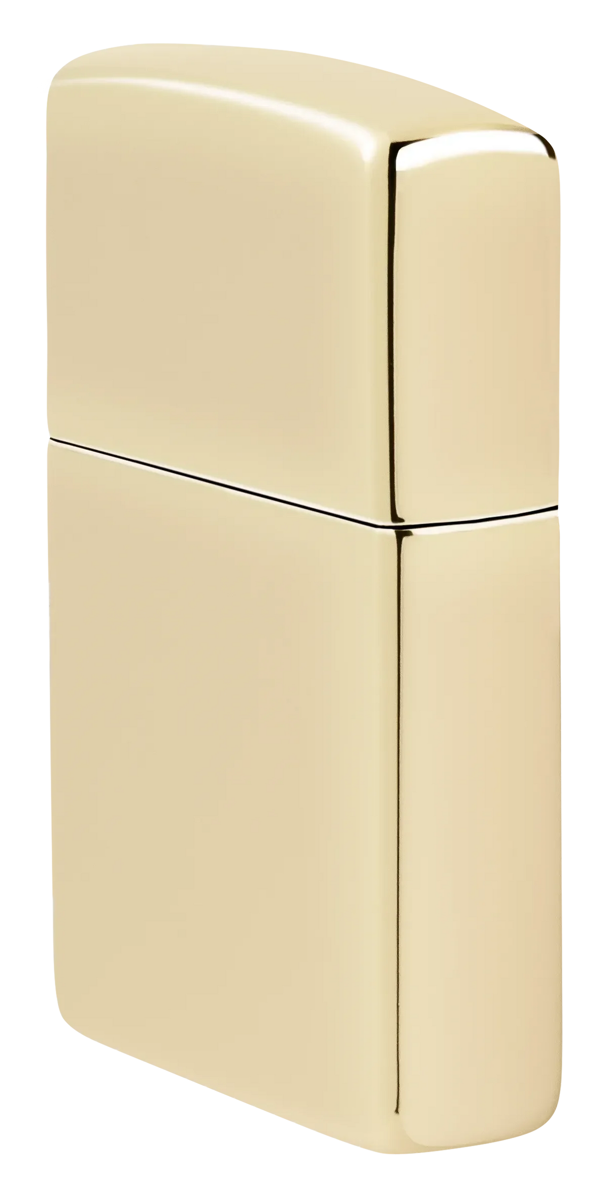 Ein glänzendes, goldfarbenes Zippo-Feuerzeug steht geschlossen, ohne sichtbare Gravur oder Design, vor einem neutralen, weißen Hintergrund.