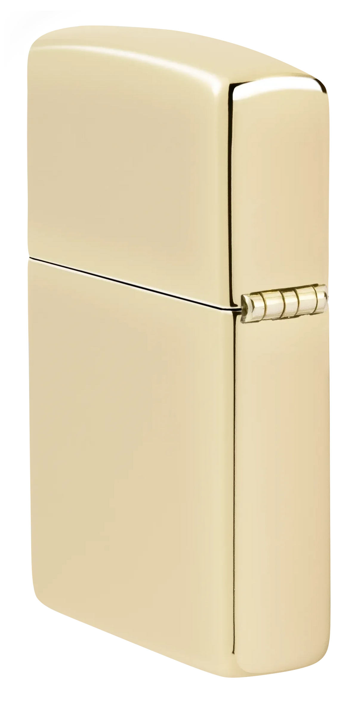 Ein glänzendes, goldenes Zippo-Feuerzeug mit geschlossenem Deckel und metallischem Scharnier steht vor einem weißen Hintergrund.