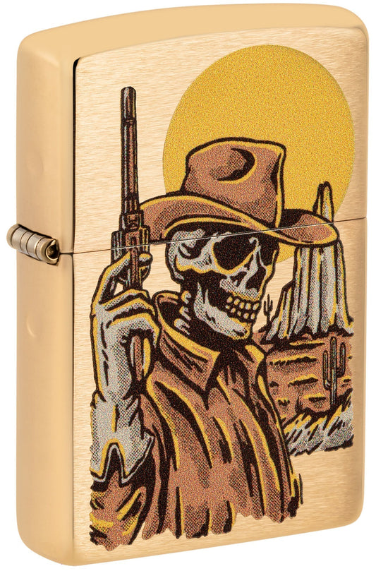 Zippo lighters with a skeleton cowboy design on a gold background P1