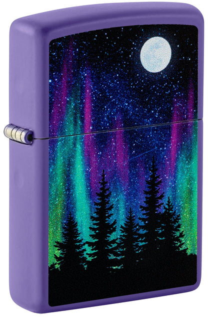 Purple lighter with a design of trees and the Northern Lights P1