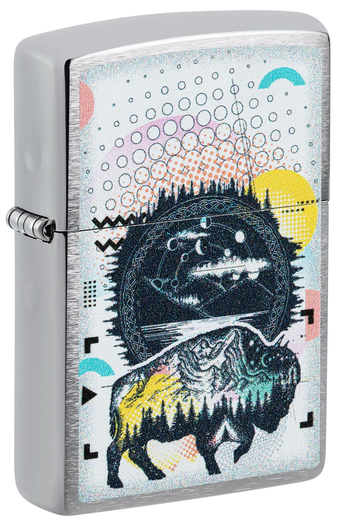 Zippo lighters with abstract design featuring a buffalo and geometric patterns P1