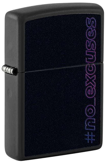 Black Zippo lighter with '#no_excuses' text P1