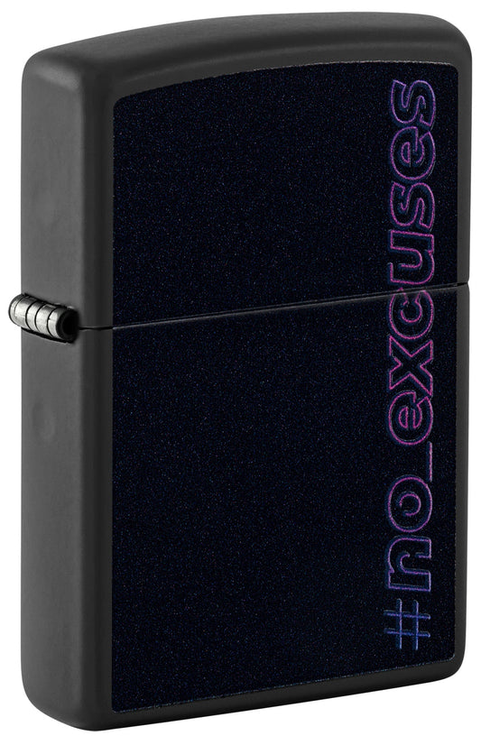 Black Zippo lighter with '#no_excuses' text P1