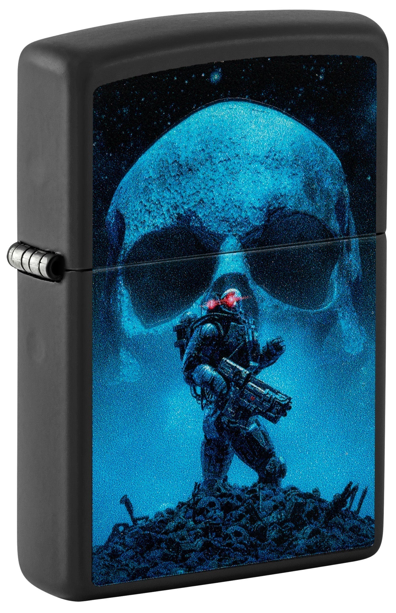 Black Zippo lighter with a blue skull and soldier design P1