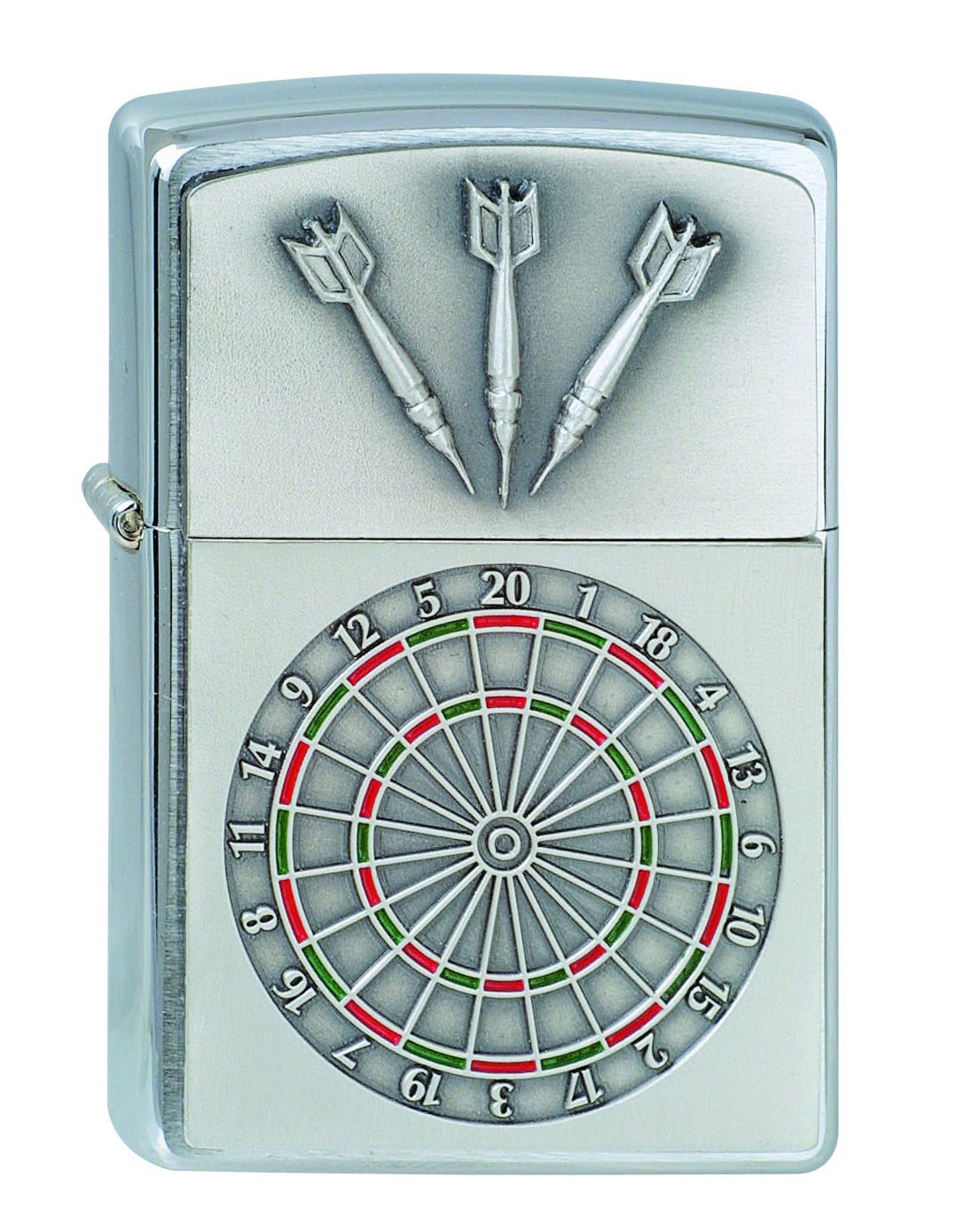 Zippo Feuerzeug Frontansicht ¾ Winkel gebürstetes Chrom mit Emblem von einer Dartscheibe mit drei Pfeilen