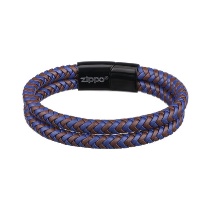Zippo Lederarmband Frontansicht braun blau geflochten mit schwarzem Edelstahlverschluss und Zippo Logo drauf