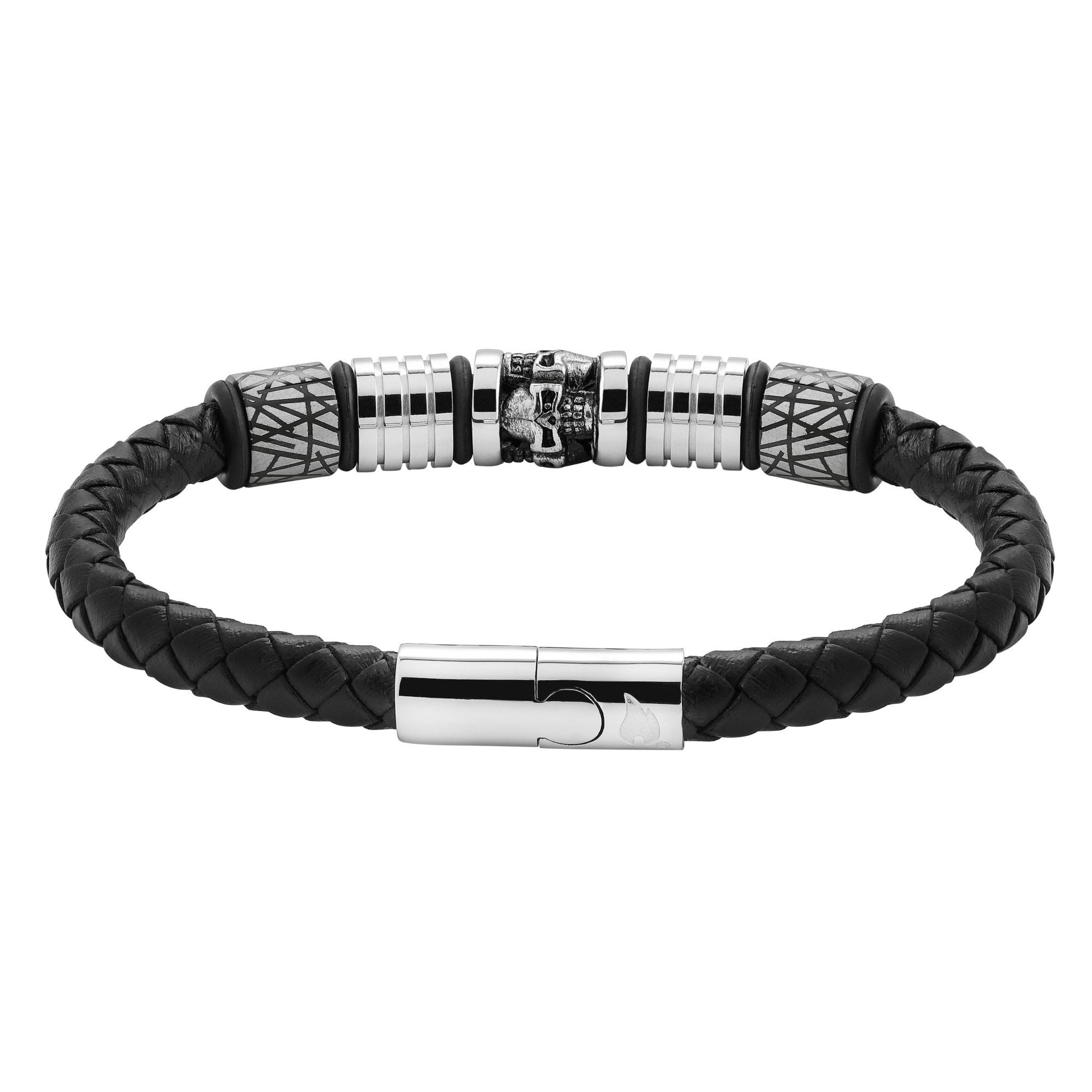 Rückansicht Zippo Lederarmband in schwarz mit Fünf Charms aus Edelstahl