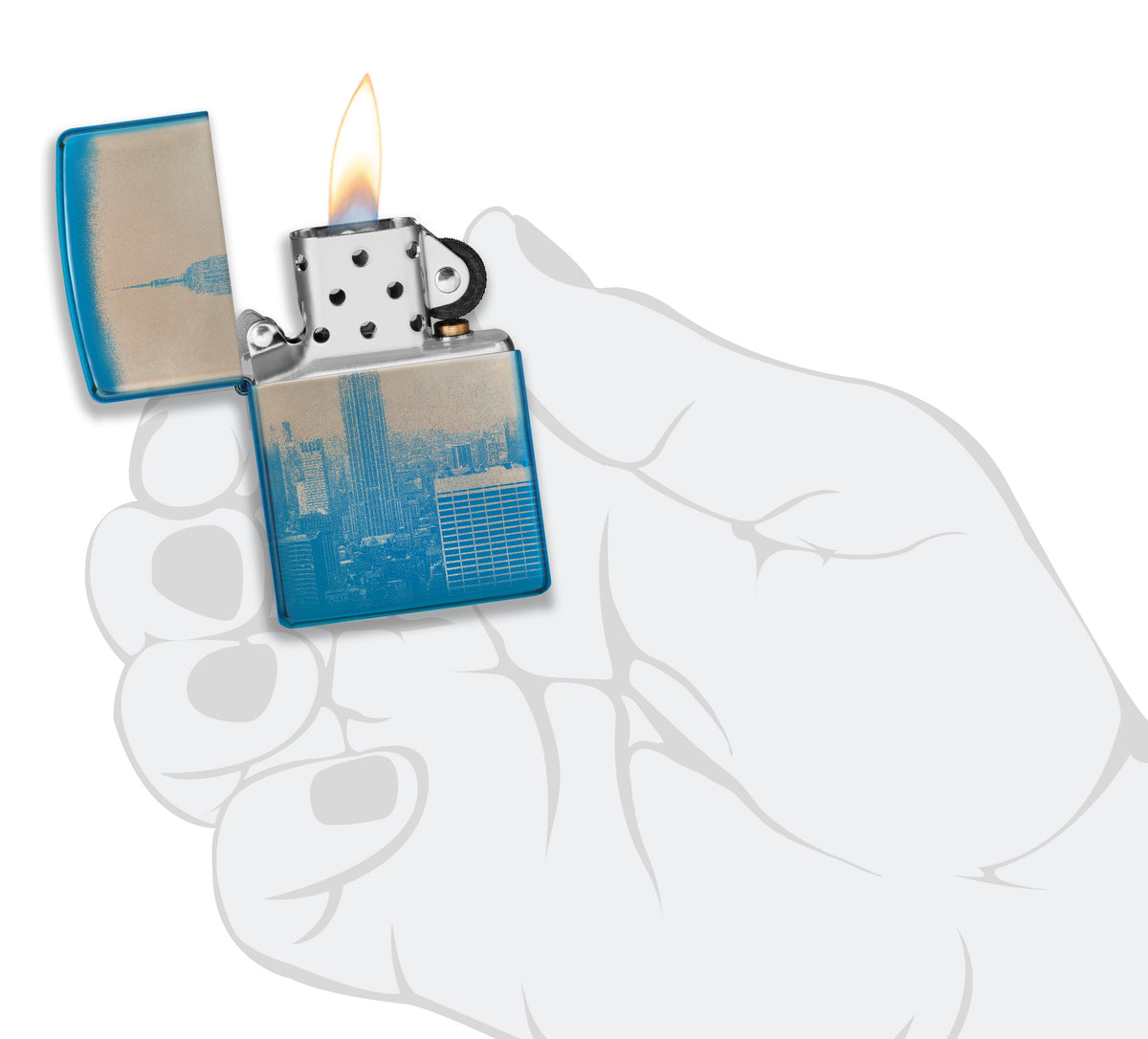 Zippo Feuerzeug 360 Grad poliert blau mit New York Skyline Empire State Building Online Only geöffnet mit Flamme in stilisierter Hand