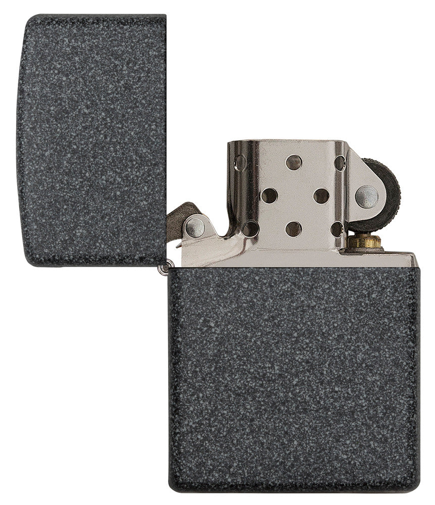 Zippo Feuerzeug Basismodell Iron Stone grau geöffnet ohne Flamme