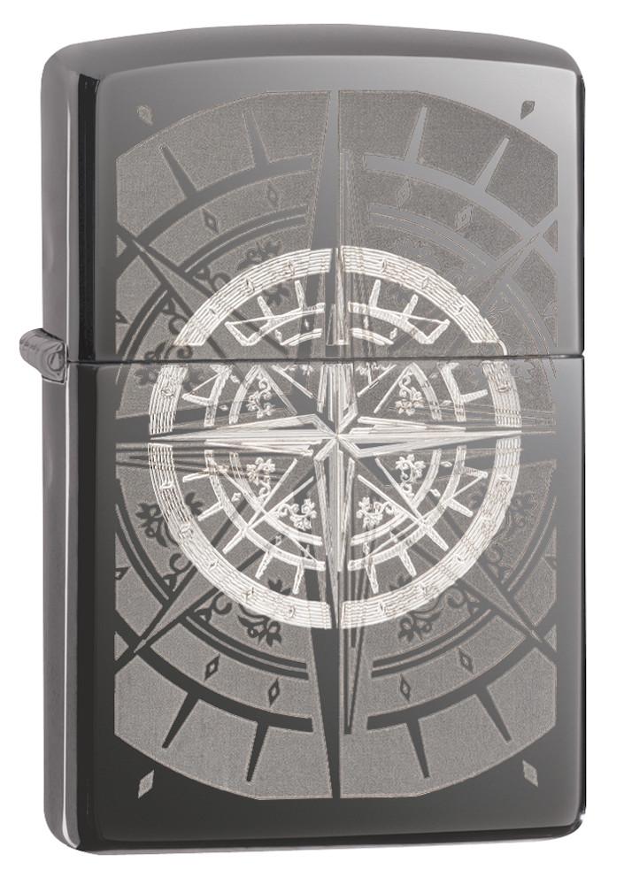 Frontansicht 3/4 Winkel Zippo Feuerzeug Black Ice mit Kompass