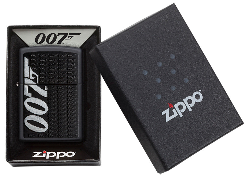 Zippo Feuerzeug James Bond schwarz mit großem 007 Logo seitlich in offener Geschenkschatulle
