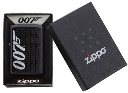 Zippo Feuerzeug James Bond schwarz mit großem 007 Logo seitlich in offener Geschenkschatulle