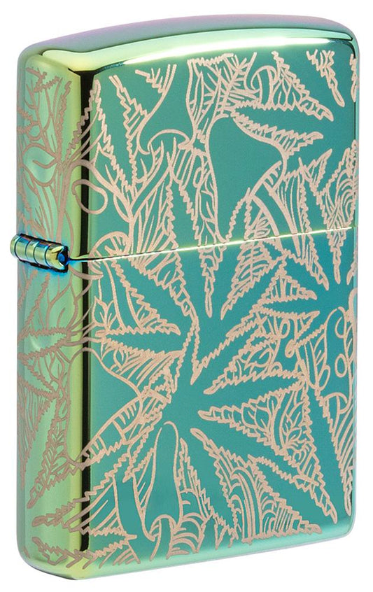 Frontansicht 3/4 Winkel Zippo Feuerzeug 360 Grad Design Hochglanz Grün mit Hanfblättern und Pilzen