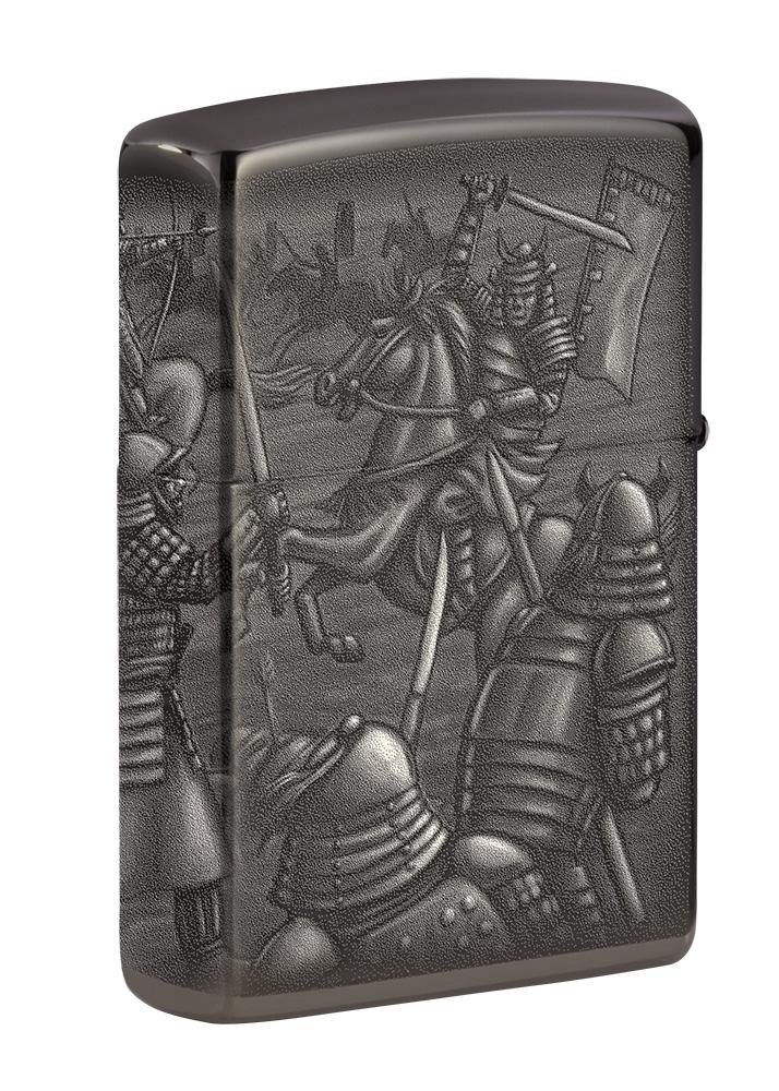 Rückansicht Zippo Feuerzeug Schwarz glänzend mit Schlachtszene als Motiv