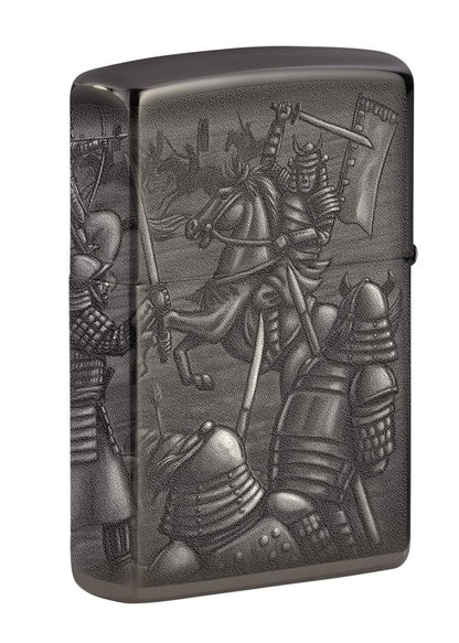 Rückansicht Zippo Feuerzeug Schwarz glänzend mit Schlachtszene als Motiv